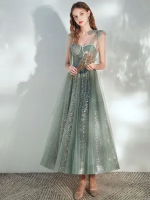 Cute Green Tulle Sweetheart Tea Length Prom Dress, Green Teen Length Homecoming Dress