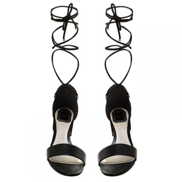 Dior Black Leather Rainbow Stellar Block Heel Lace Up Sandals Size 37.5 US 37.5