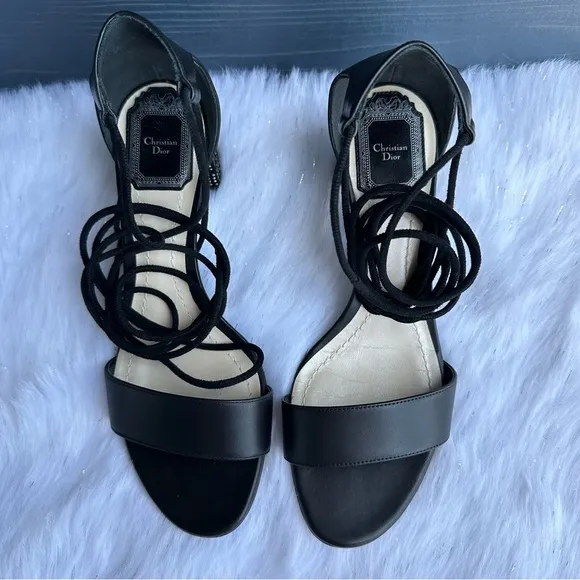 Dior Black Leather Rainbow Stellar Block Heel Lace Up Sandals Size 37.5 US 37.5