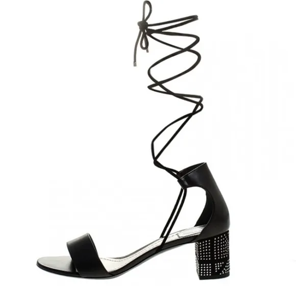 Dior Black Leather Rainbow Stellar Block Heel Lace Up Sandals Size 37.5 US 37.5