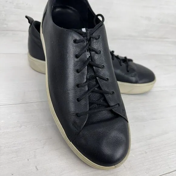 ECCO Leather Shoes Mens 9-9.5 Black Casual Sneakers Low Top Lace Up Comfort