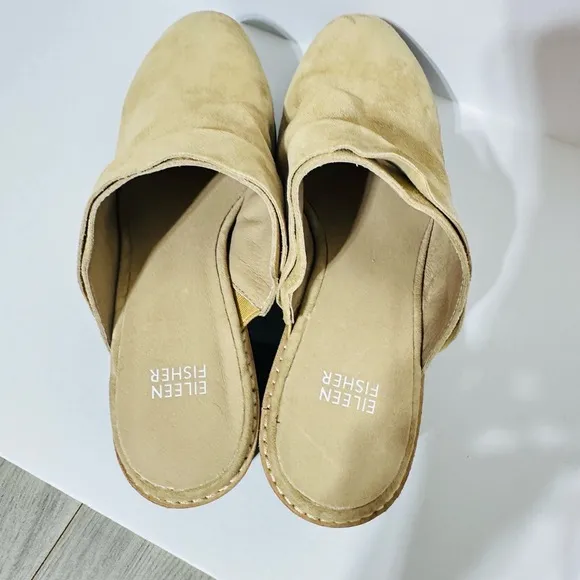 Eileen Fisher Block Heel Mule Clog 9.5 Suede Closed Toe Minimalist Boho Tan Hiya