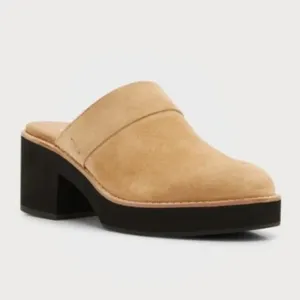 Eileen Fisher Block Heel Mule Clog 9.5 Suede Closed Toe Minimalist Boho Tan Hiya