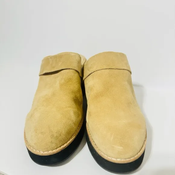 Eileen Fisher Block Heel Mule Clog 9.5 Suede Closed Toe Minimalist Boho Tan Hiya