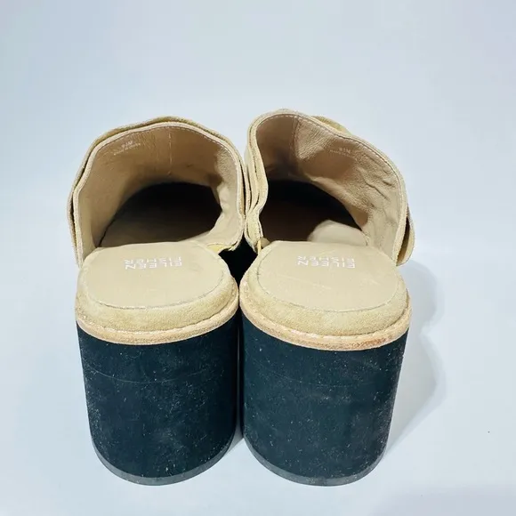 Eileen Fisher Block Heel Mule Clog 9.5 Suede Closed Toe Minimalist Boho Tan Hiya