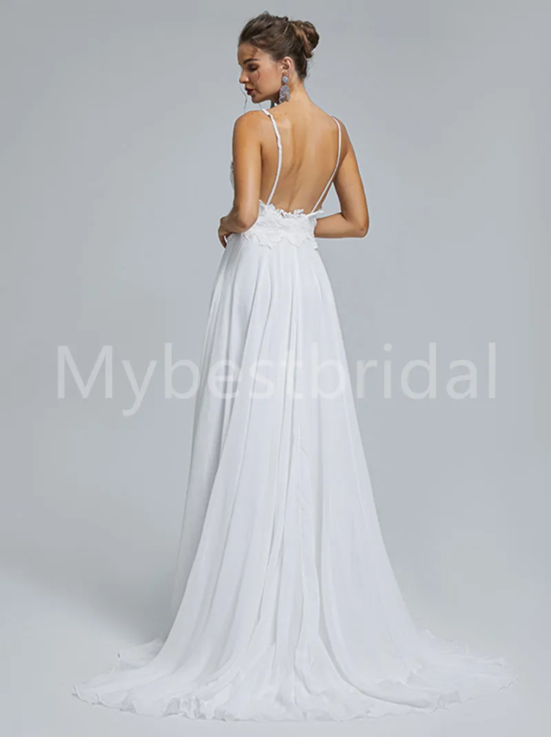 Elegant Spaghetti straps V-neck A-line Lace applique Wedding Dresses, WDY0268