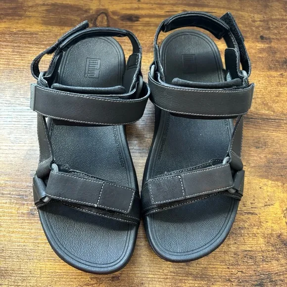 FitFlop Mens Sandals 10 Black Leather Ryker Black Sport Adjustable Comfort