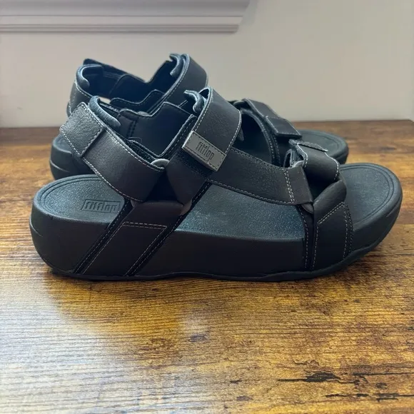 FitFlop Mens Sandals 10 Black Leather Ryker Black Sport Adjustable Comfort