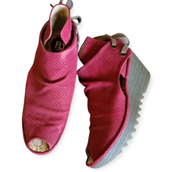 FLY London yema lace up red perforated Peepe Toe Wedge Sandal Comfort Shoes