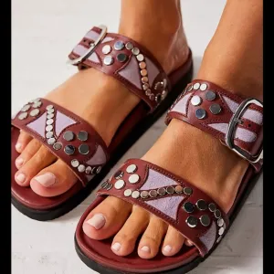 Free People Revelry Studded Buckle Leather Sandals Burgundy Women’s Size 10