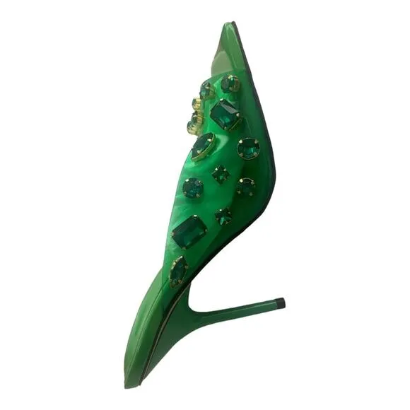 Good American Jeweled Emma Slip Heels Mules Diamonds Summer Green Size 10.5
