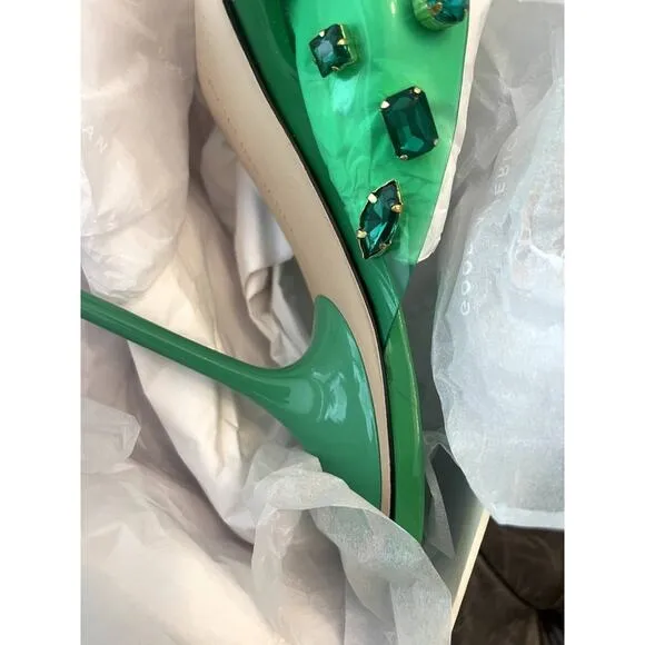 Good American Jeweled Emma Slip Heels Mules Diamonds Summer Green Size 10.5