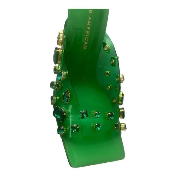 Good American Jeweled Emma Slip Heels Mules Diamonds Summer Green Size 10.5