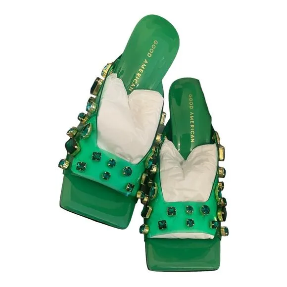 Good American Jeweled Emma Slip Heels Mules Diamonds Summer Green Size 10.5