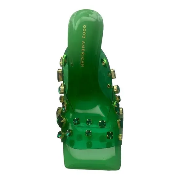 Good American Jeweled Emma Slip Heels Mules Diamonds Summer Green Size 10.5