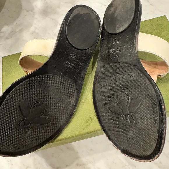 Gucci Black and Cream Sandals with Gold GG Hardware