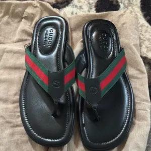 Gucci Black and Green Sandals with Striped Strap