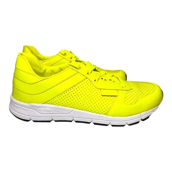 Gucci GG Neon Yellow Leather Sneakers Trainers Shoes Low Top Men's US 10/EU 43