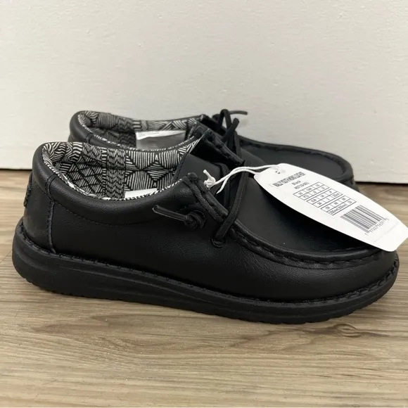 Hey Dude Wally Youth Mono Leather Black Slip On Comfort Shoes Kids Size YT2 NWT