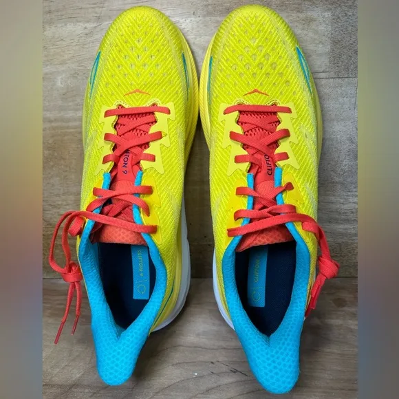 Hoka One One Clifton 9 Mens Size 12 Running Shoes Sneakers Passion Fruit Maize