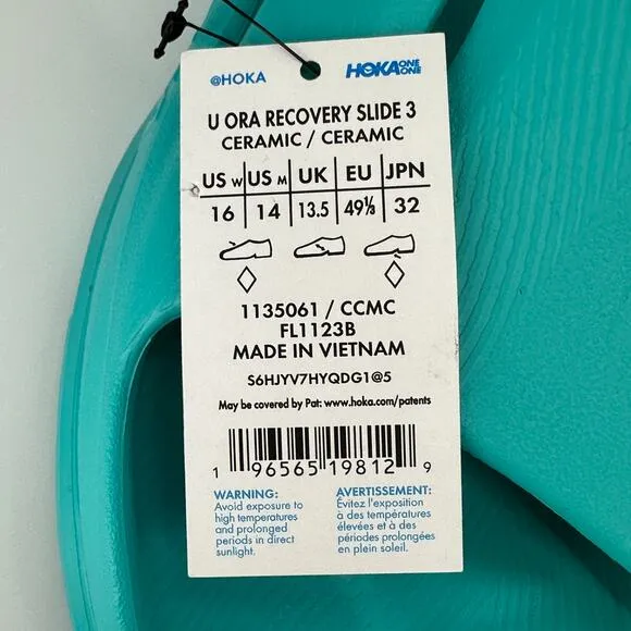 Hoka One One Men's Ora Recovery Slide 3 Slip On Comfort Sandals Ceramic Size 14