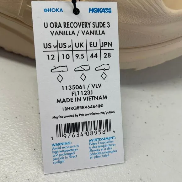 HOKA One One U ORA RECOVERY SLIDE 3 Unisex Mens 10/Womens 12 Vanilla Sandals