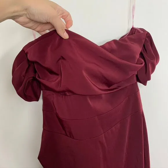 House of CB Anaelle Wine Stretch Crepe Bodycon Off Shoulder Midi Dress  Small
