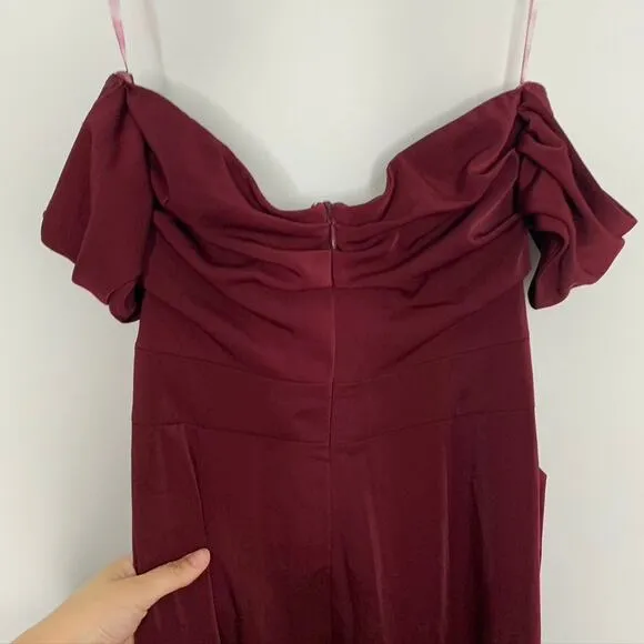 House of CB Anaelle Wine Stretch Crepe Bodycon Off Shoulder Midi Dress  Small