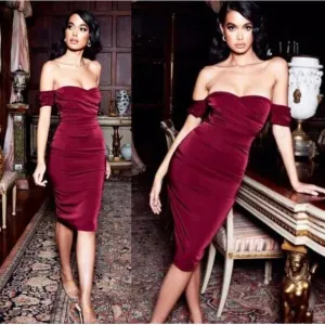 House of CB Anaelle Wine Stretch Crepe Bodycon Off Shoulder Midi Dress  Small