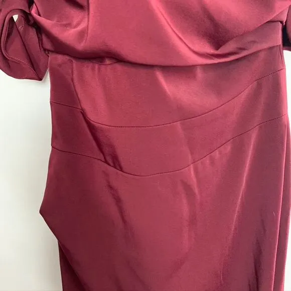 House of CB Anaelle Wine Stretch Crepe Bodycon Off Shoulder Midi Dress  Small