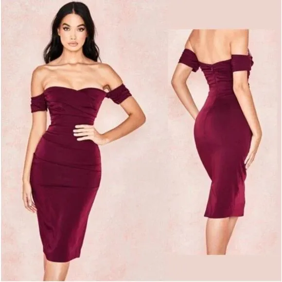 House of CB Anaelle Wine Stretch Crepe Bodycon Off Shoulder Midi Dress  Small