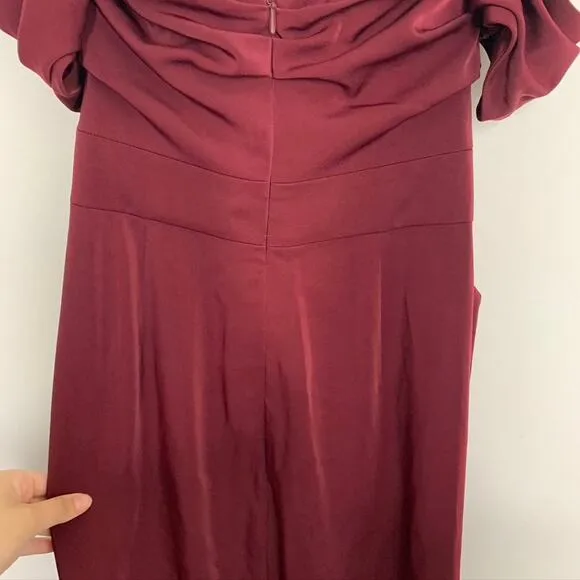 House of CB Anaelle Wine Stretch Crepe Bodycon Off Shoulder Midi Dress  Small