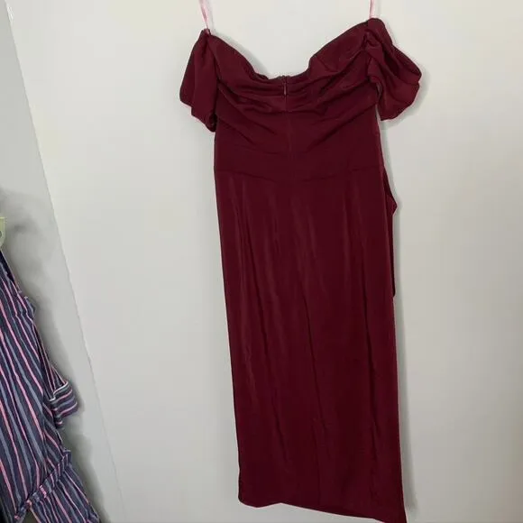 House of CB Anaelle Wine Stretch Crepe Bodycon Off Shoulder Midi Dress  Small