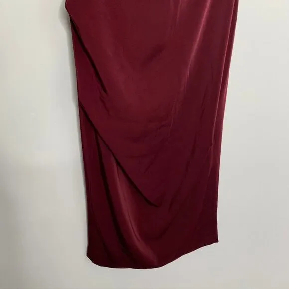 House of CB Anaelle Wine Stretch Crepe Bodycon Off Shoulder Midi Dress  Small