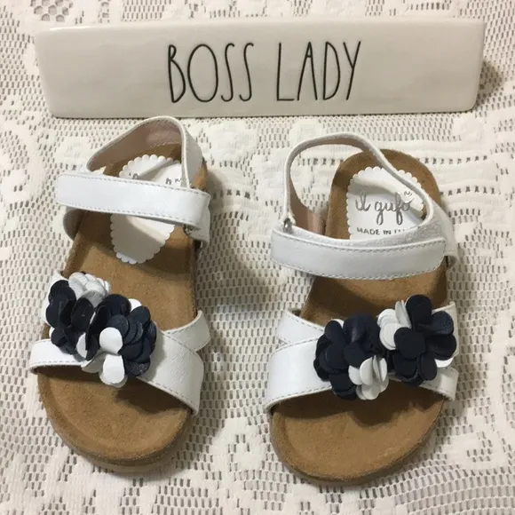 IL Gufo Kids White and Blue Leather Sandals