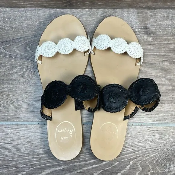 Jack Rogers Lauren II Black White Leather Women's S 9M Floral Two Strap Sandals