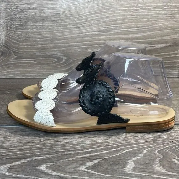 Jack Rogers Lauren II Black White Leather Women's S 9M Floral Two Strap Sandals