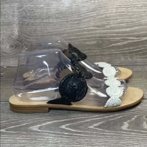 Jack Rogers Lauren II Black White Leather Women's S 9M Floral Two Strap Sandals