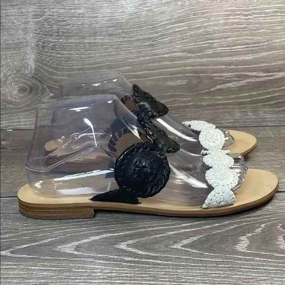 Jack Rogers Lauren II Black White Leather Women's S 9M Floral Two Strap Sandals