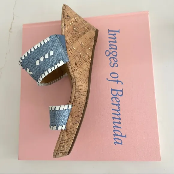 Jack Rogers Sandals Wedge Ella Cork Double Strap Coastal Blue and White Size 10