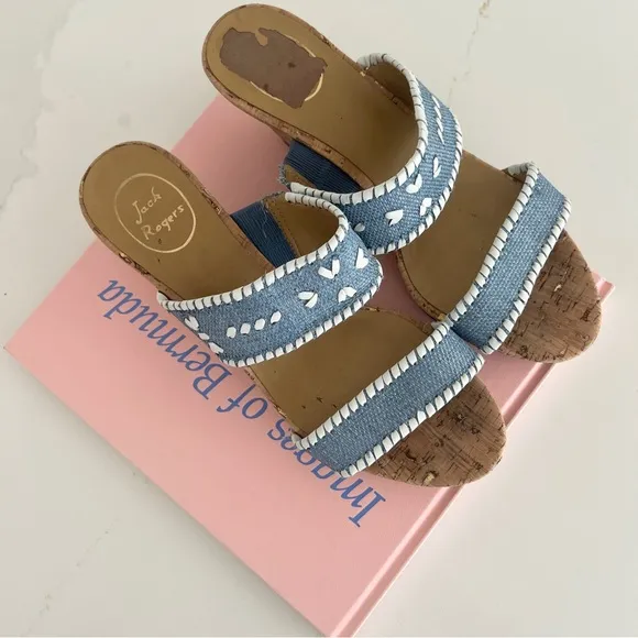 Jack Rogers Sandals Wedge Ella Cork Double Strap Coastal Blue and White Size 10