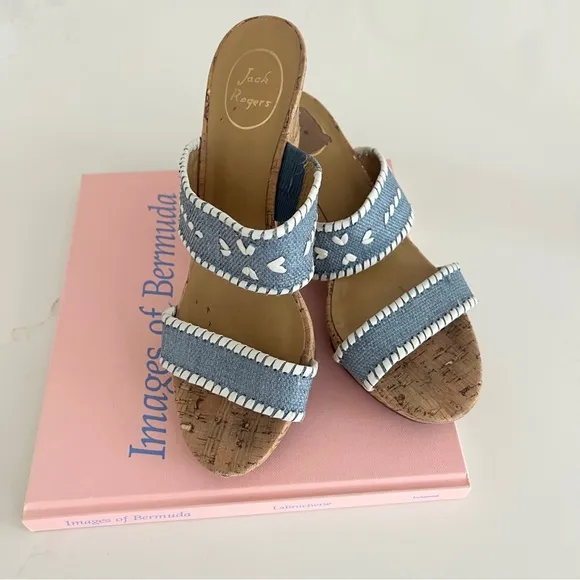 Jack Rogers Sandals Wedge Ella Cork Double Strap Coastal Blue and White Size 10