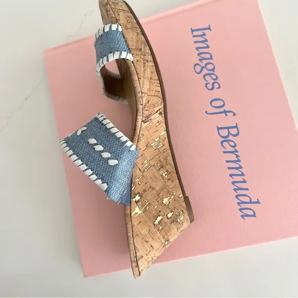 Jack Rogers Sandals Wedge Ella Cork Double Strap Coastal Blue and White Size 10