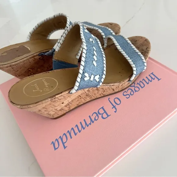 Jack Rogers Sandals Wedge Ella Cork Double Strap Coastal Blue and White Size 10
