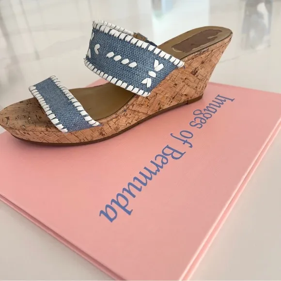 Jack Rogers Sandals Wedge Ella Cork Double Strap Coastal Blue and White Size 10