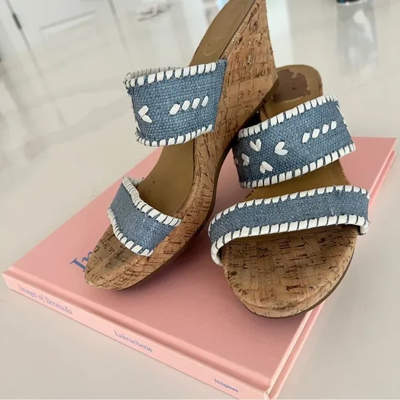 Jack Rogers Sandals Wedge Ella Cork Double Strap Coastal Blue and White Size 10