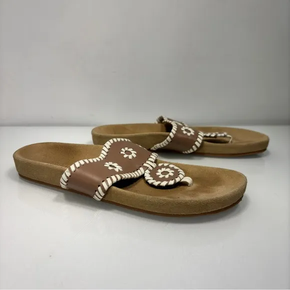 Jack Rogers Tan White Leather Jacks Comfort Thong Sandals Size 7