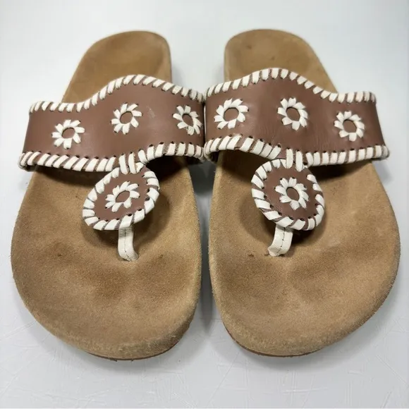 Jack Rogers Tan White Leather Jacks Comfort Thong Sandals Size 7