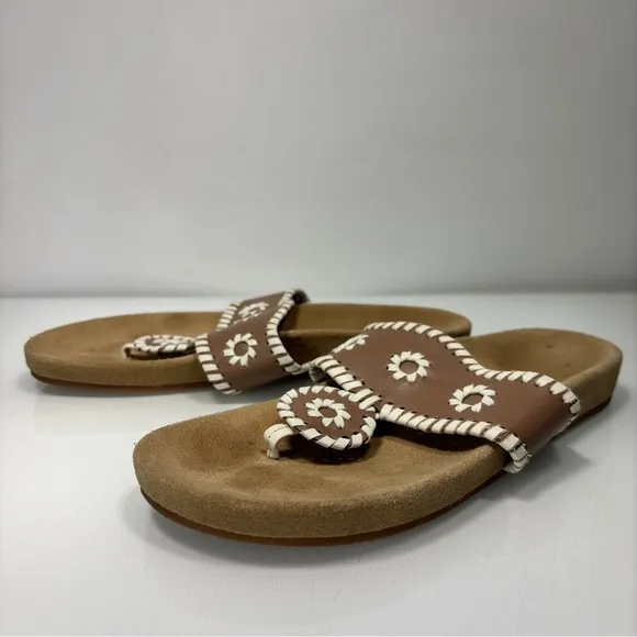 Jack Rogers Tan White Leather Jacks Comfort Thong Sandals Size 7