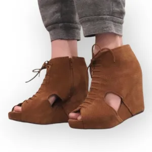 Jeffrey Campbell Mary Roks Perforated Suede Wedge Peep Toe Booties Tan Sz 9